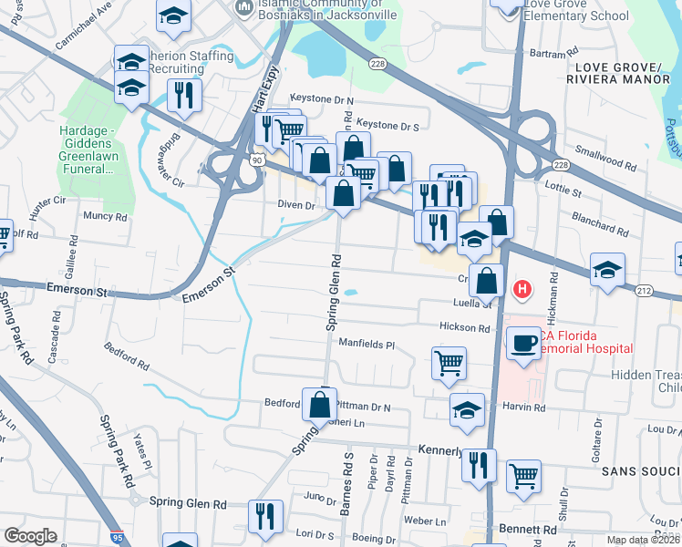 map of restaurants, bars, coffee shops, grocery stores, and more near 5444 Cruz Road in Jacksonville