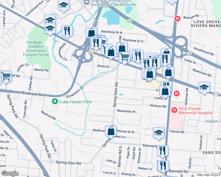 map of restaurants, bars, coffee shops, grocery stores, and more near 3424 Spring Glen Road in Jacksonville