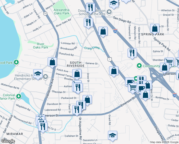 map of restaurants, bars, coffee shops, grocery stores, and more near 2112 Felch Avenue in Jacksonville