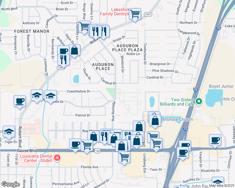 map of restaurants, bars, coffee shops, grocery stores, and more near 801 Rue Rochelle in Slidell