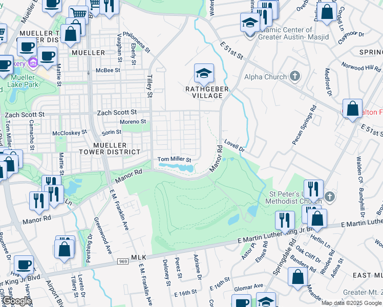 map of restaurants, bars, coffee shops, grocery stores, and more near 3406 Tom Miller Street in Austin
