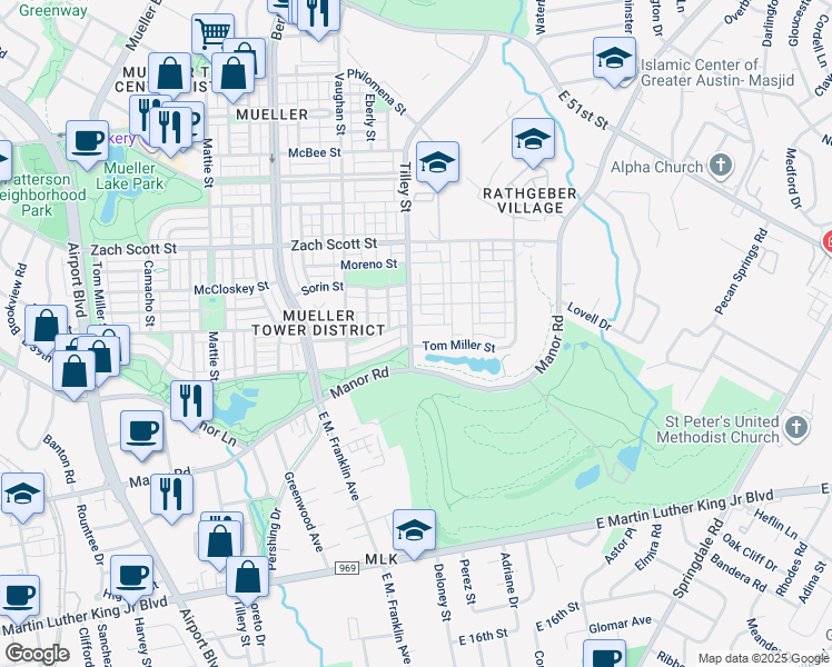 map of restaurants, bars, coffee shops, grocery stores, and more near 3802 Tilley Street in Austin