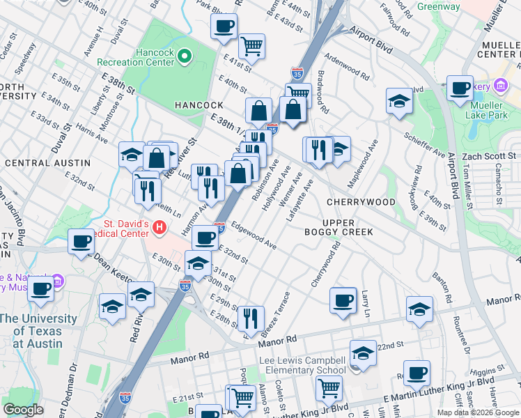 map of restaurants, bars, coffee shops, grocery stores, and more near 3309b Robinson Avenue in Austin