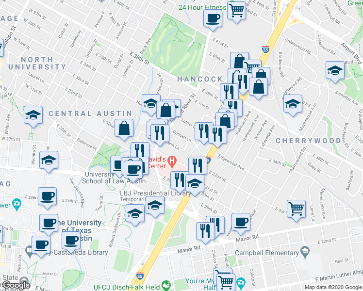 map of restaurants, bars, coffee shops, grocery stores, and more near 923 Keith Lane in Austin