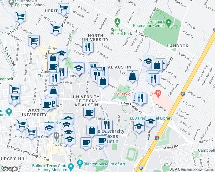 map of restaurants, bars, coffee shops, grocery stores, and more near in Austin