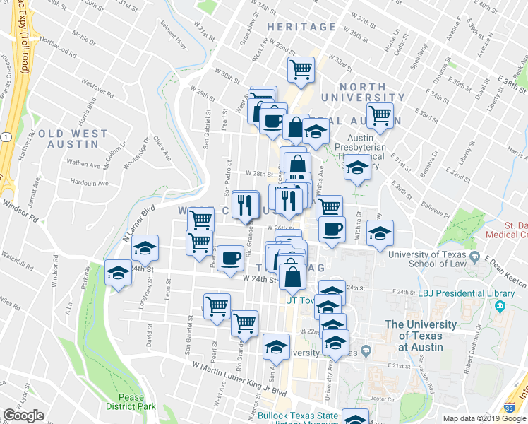 map of restaurants, bars, coffee shops, grocery stores, and more near 600 West 26th Street in Austin