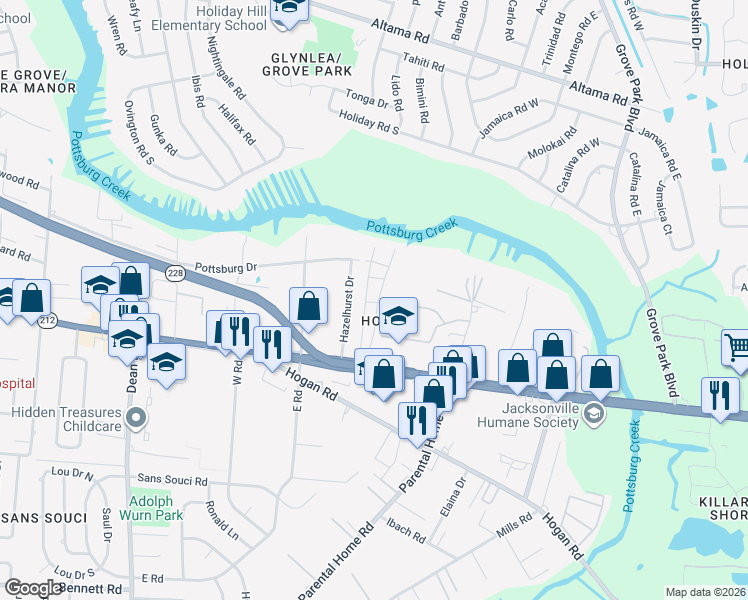 map of restaurants, bars, coffee shops, grocery stores, and more near 1714 El Prado Road in Jacksonville