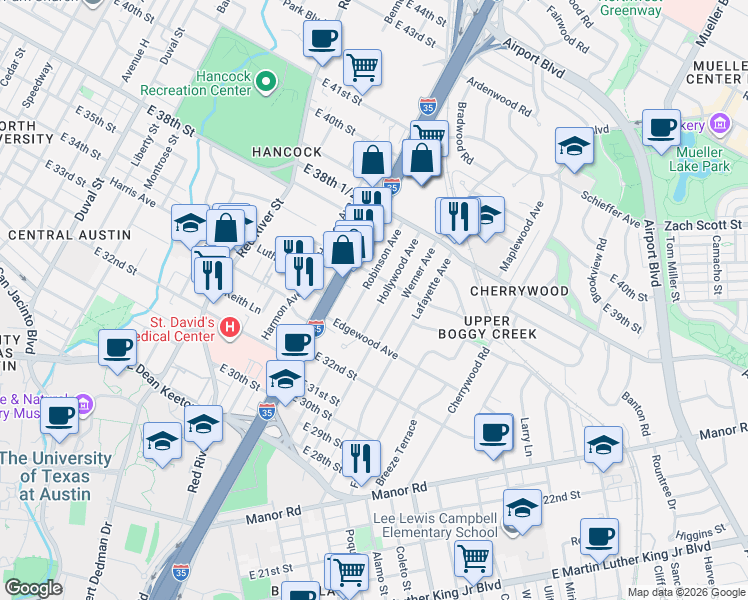 map of restaurants, bars, coffee shops, grocery stores, and more near 3309b Robinson Avenue in Austin