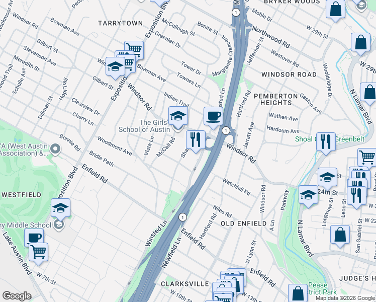 map of restaurants, bars, coffee shops, grocery stores, and more near 2005 Sharon Lane in Austin