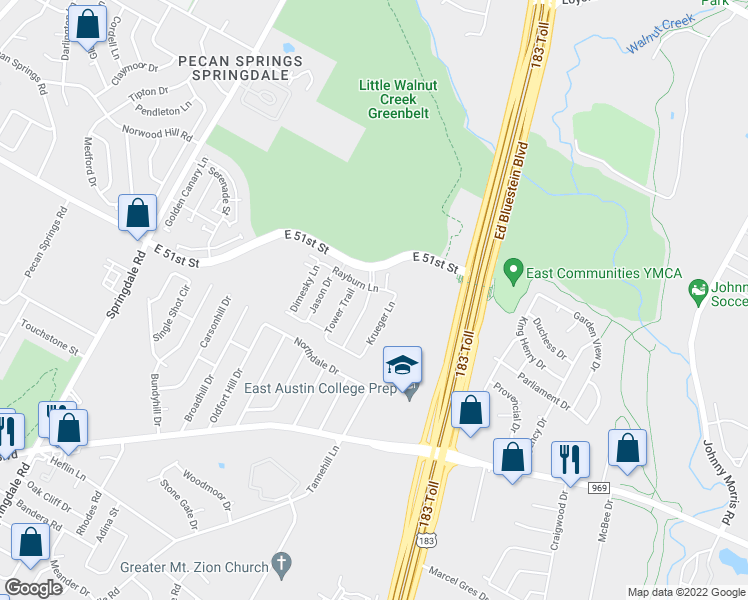 map of restaurants, bars, coffee shops, grocery stores, and more near 5321 Hutchinson Drive in Austin