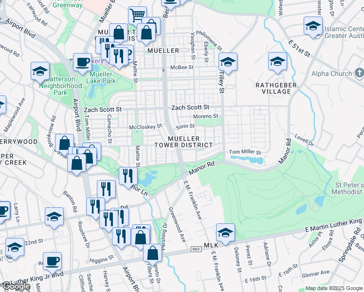 map of restaurants, bars, coffee shops, grocery stores, and more near 3901 Berkman Drive in Austin