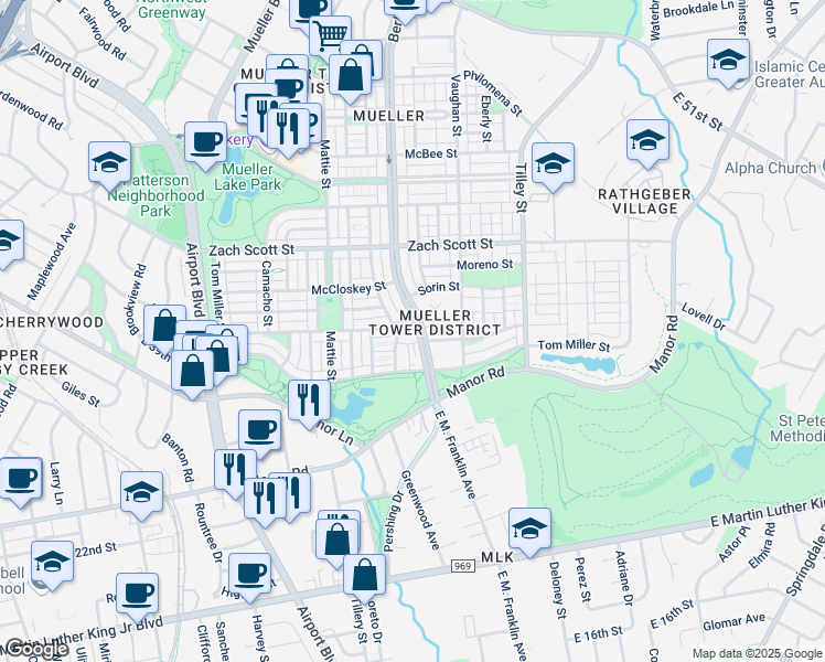 map of restaurants, bars, coffee shops, grocery stores, and more near 3917 Threadgill Street in Austin