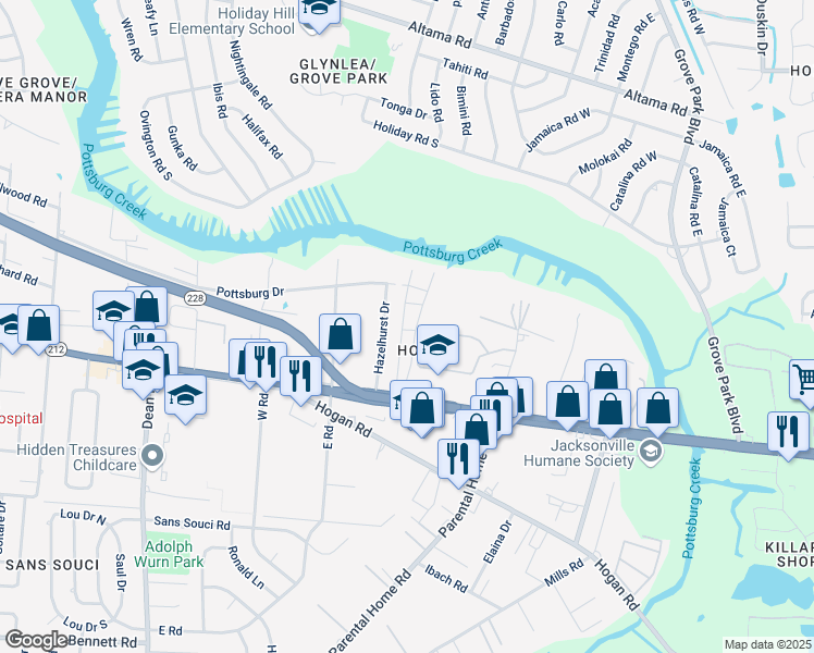 map of restaurants, bars, coffee shops, grocery stores, and more near 1713 El Camino Road in Jacksonville