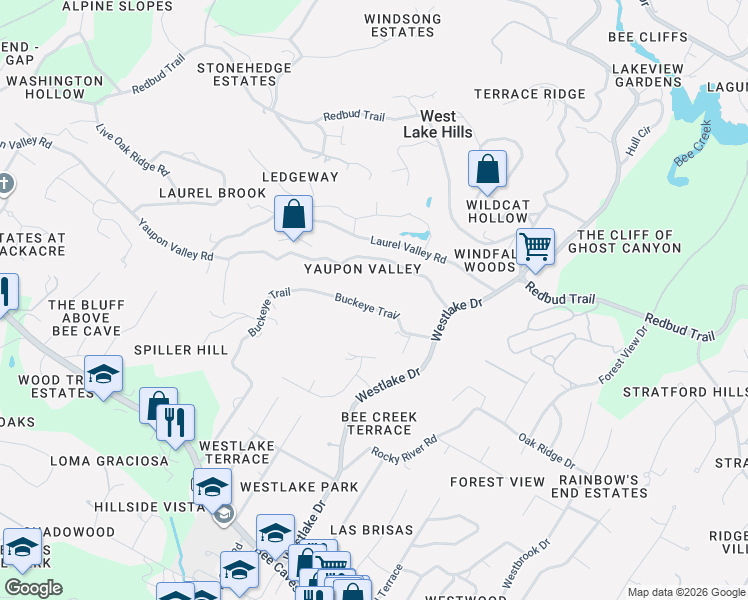 map of restaurants, bars, coffee shops, grocery stores, and more near 302 Buckeye Trail in West Lake Hills