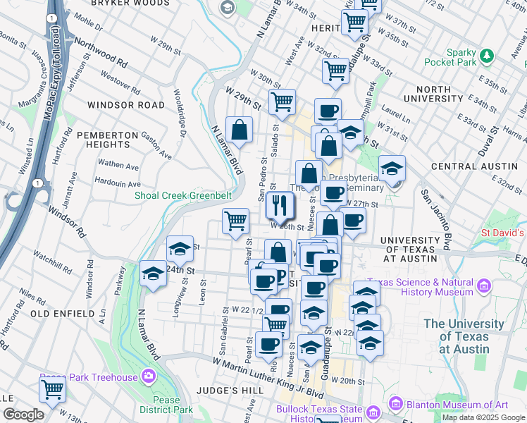 map of restaurants, bars, coffee shops, grocery stores, and more near in Austin