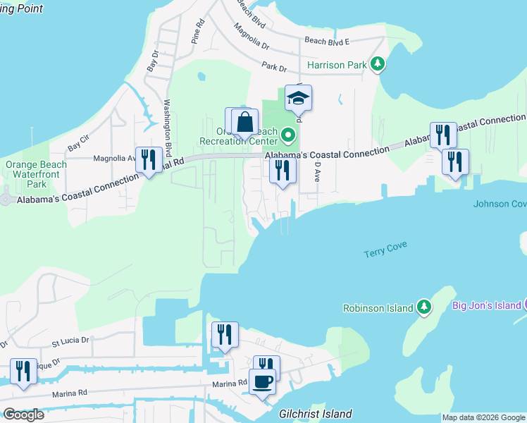 map of restaurants, bars, coffee shops, grocery stores, and more near 4532 Walker Key Boulevard in Orange Beach
