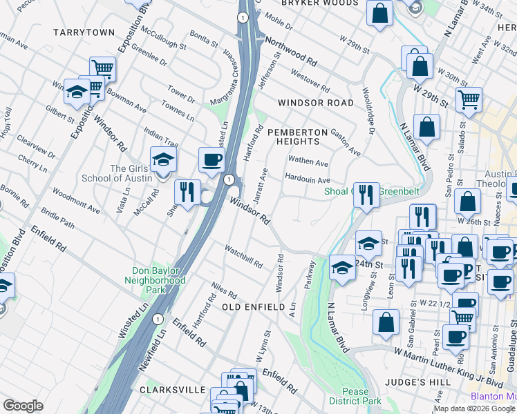 map of restaurants, bars, coffee shops, grocery stores, and more near 2403 Jarratt Avenue in Austin