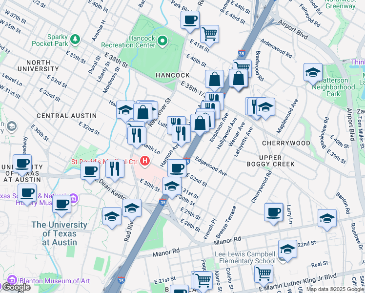 map of restaurants, bars, coffee shops, grocery stores, and more near 3301 North Interstate 35 Frontage Road in Austin