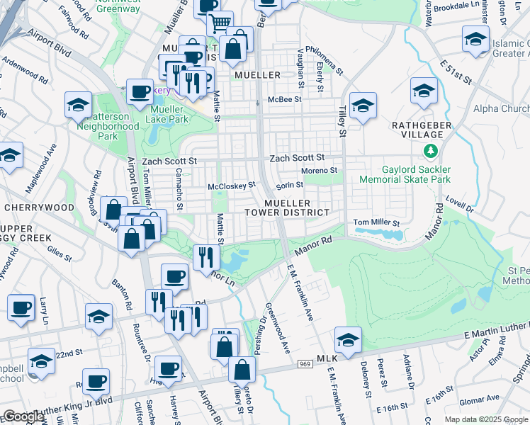 map of restaurants, bars, coffee shops, grocery stores, and more near 3917 Threadgill Street in Austin