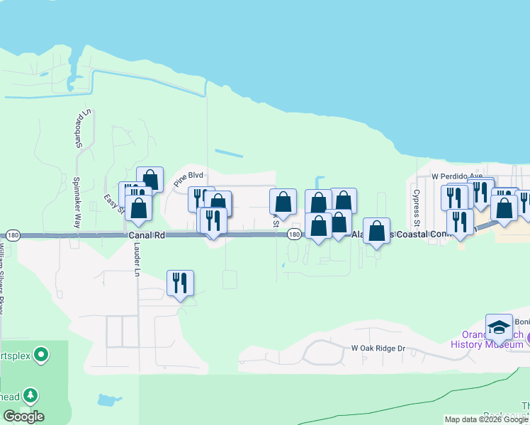 map of restaurants, bars, coffee shops, grocery stores, and more near Oak Street in Orange Beach
