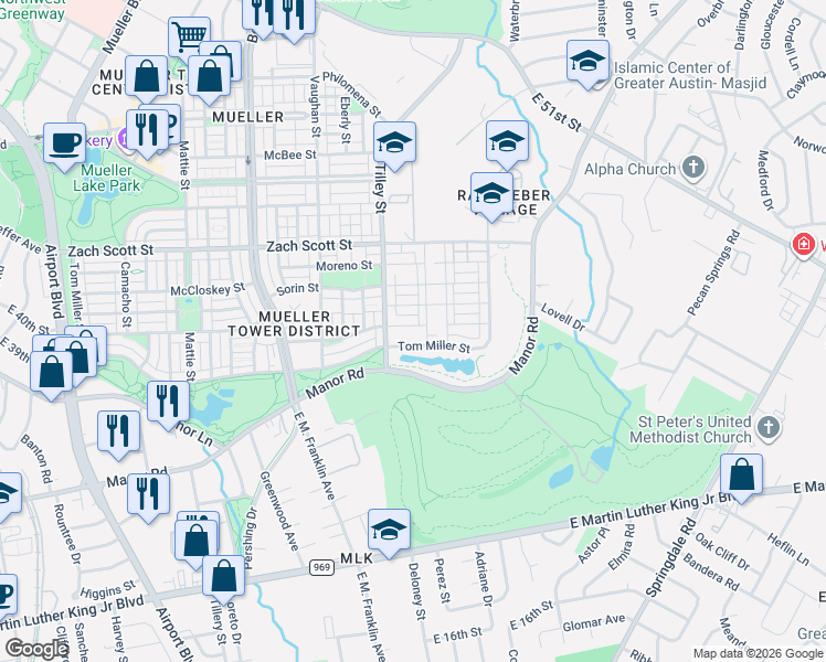 map of restaurants, bars, coffee shops, grocery stores, and more near 3317 McCurdy Street in Austin