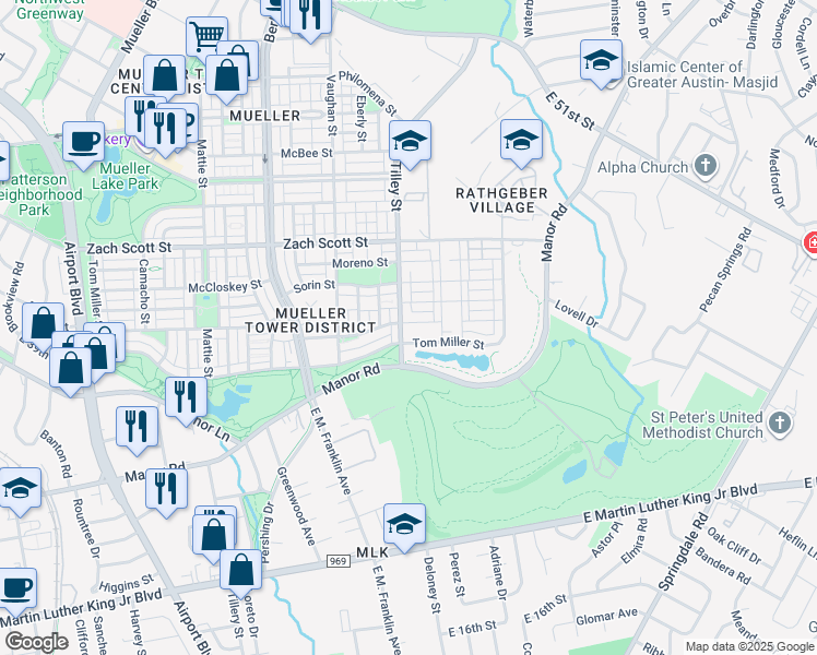 map of restaurants, bars, coffee shops, grocery stores, and more near 3802 Tilley Street in Austin