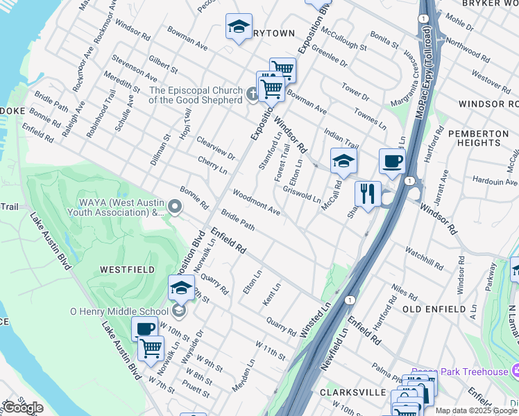 map of restaurants, bars, coffee shops, grocery stores, and more near in Austin