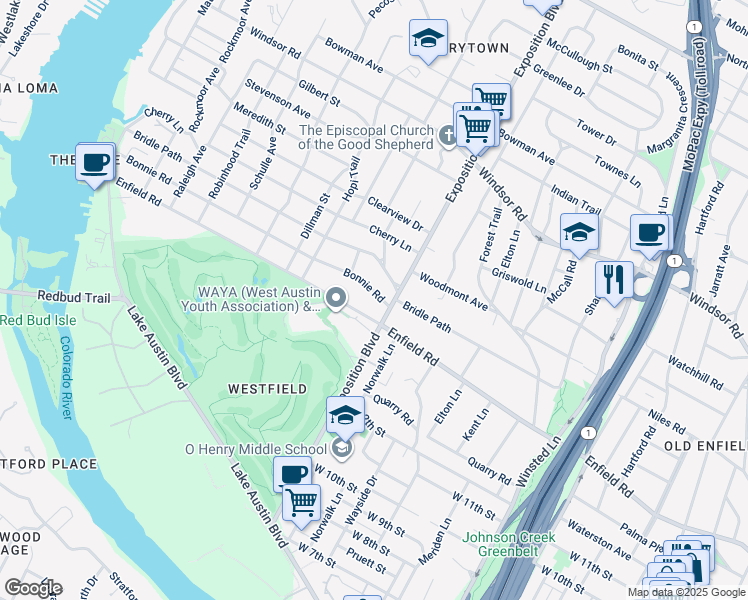 map of restaurants, bars, coffee shops, grocery stores, and more near 2708 Enfield Road in Austin