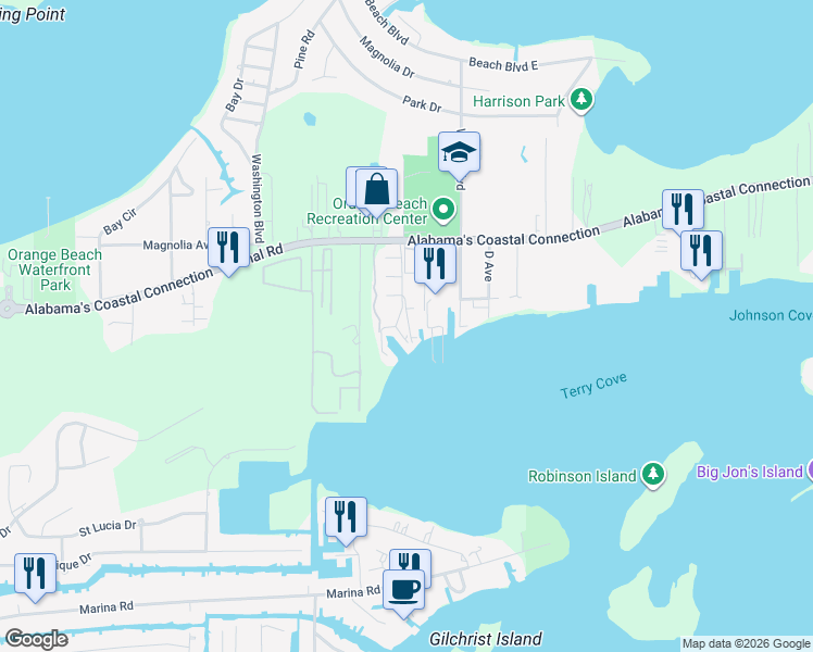 map of restaurants, bars, coffee shops, grocery stores, and more near 8 Walker Key Boulevard in Orange Beach