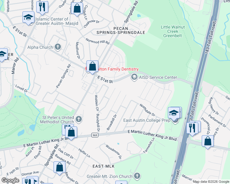 map of restaurants, bars, coffee shops, grocery stores, and more near 5001 Bundyhill Drive in Austin