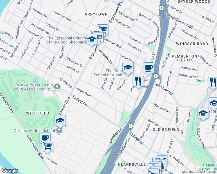 map of restaurants, bars, coffee shops, grocery stores, and more near 1708 Vista Lane in Austin