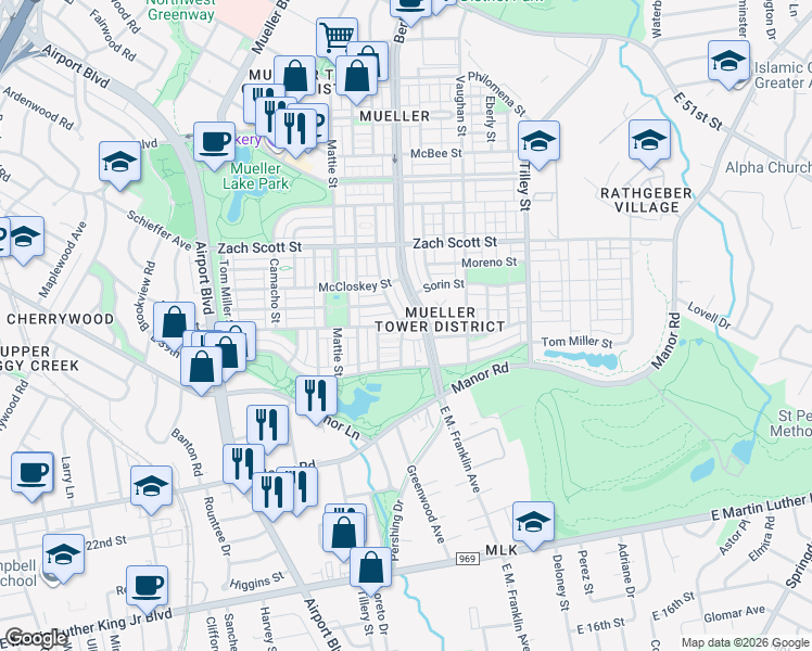 map of restaurants, bars, coffee shops, grocery stores, and more near 3921 Threadgill Street in Austin