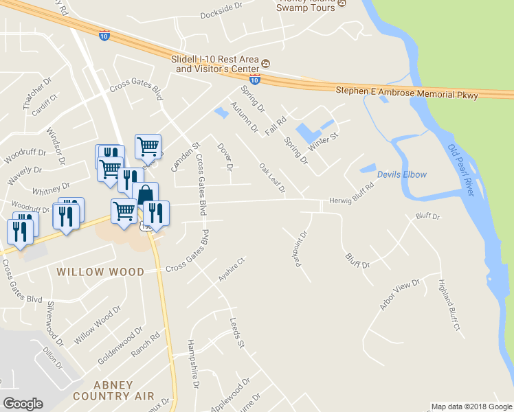 map of restaurants, bars, coffee shops, grocery stores, and more near 127 Herwig Bluff Road in Slidell