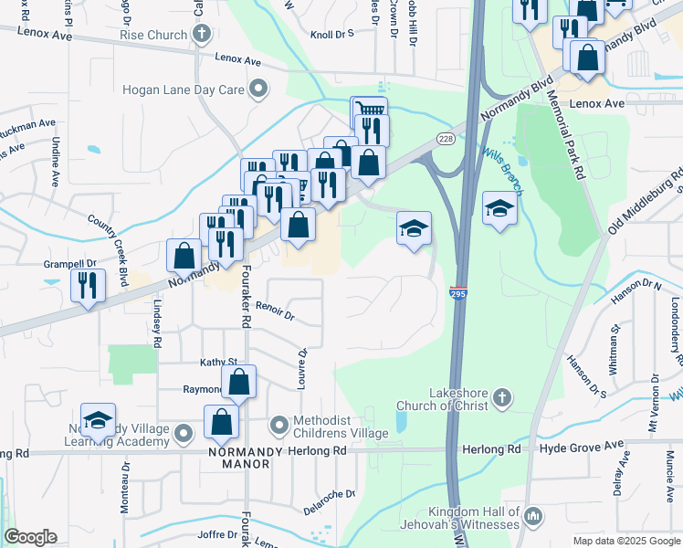 map of restaurants, bars, coffee shops, grocery stores, and more near 7893 Springtime Lane in Jacksonville