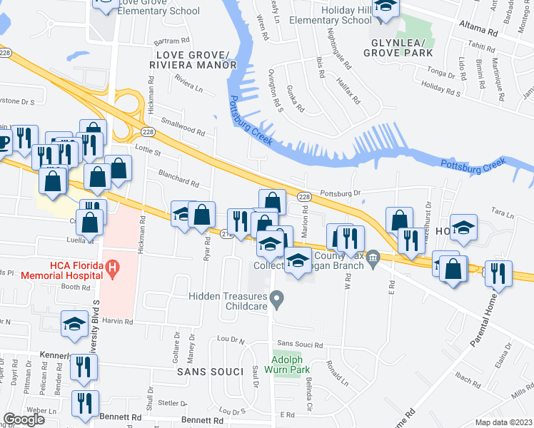 map of restaurants, bars, coffee shops, grocery stores, and more near 1689 Glendale Road in Jacksonville