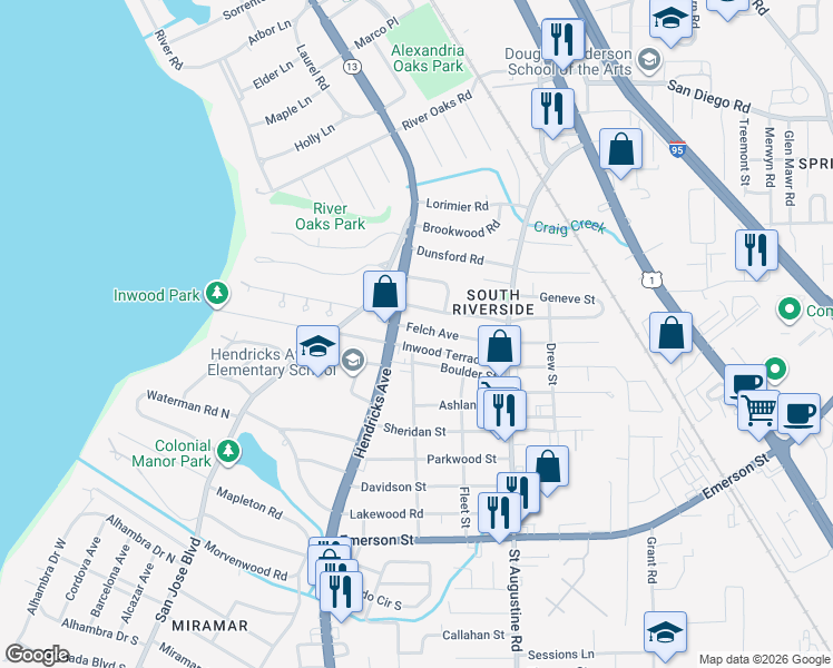 map of restaurants, bars, coffee shops, grocery stores, and more near 1520 Inwood Terrace in Jacksonville