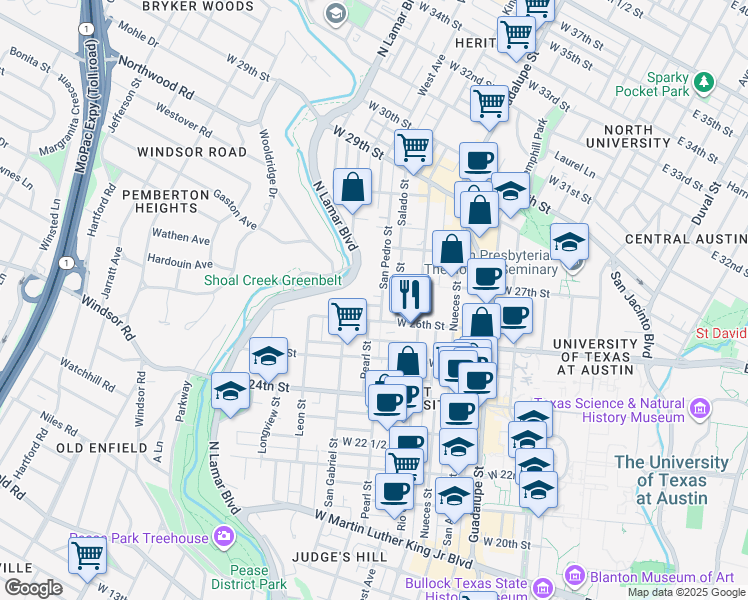 map of restaurants, bars, coffee shops, grocery stores, and more near in Austin