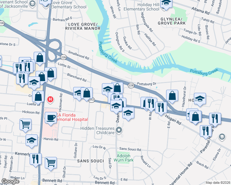 map of restaurants, bars, coffee shops, grocery stores, and more near 6605 Beach Boulevard in Jacksonville