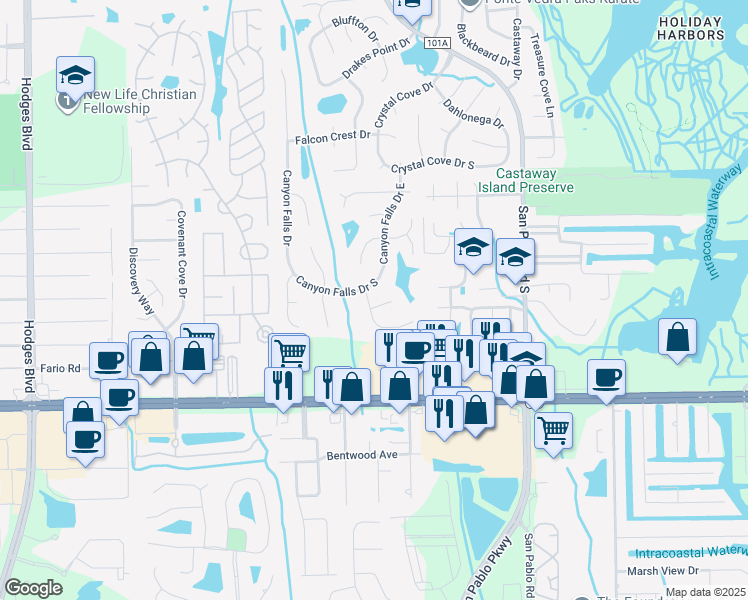 map of restaurants, bars, coffee shops, grocery stores, and more near 14202 Saybrook Falls Court in Jacksonville
