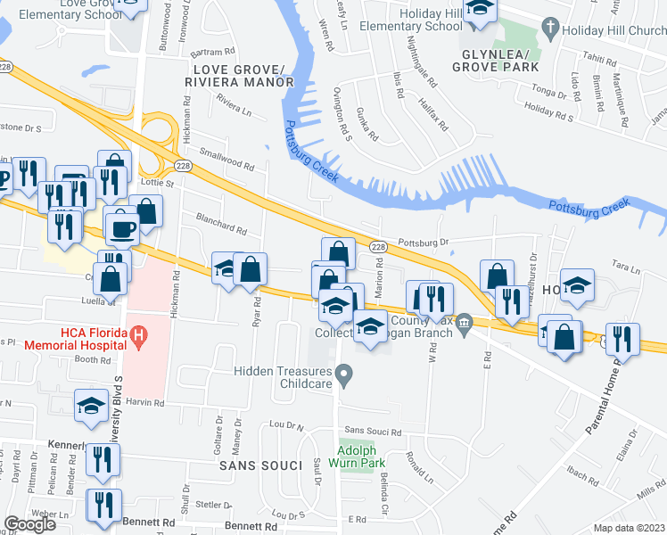 map of restaurants, bars, coffee shops, grocery stores, and more near 1687 Glendale Road in Jacksonville