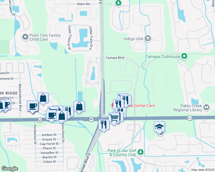map of restaurants, bars, coffee shops, grocery stores, and more near 12637 Josslyn Lane in Jacksonville