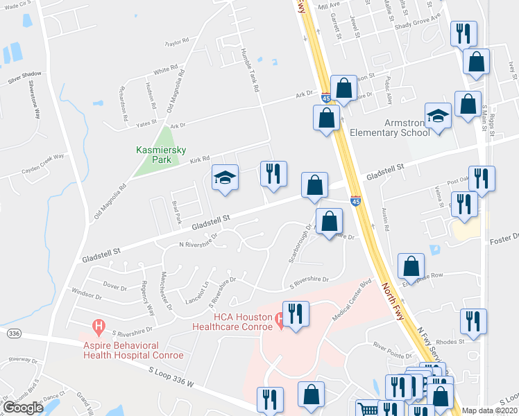 map of restaurants, bars, coffee shops, grocery stores, and more near 814 Gladstell Street in Conroe
