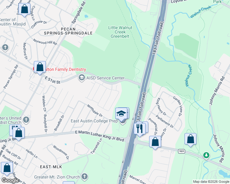 map of restaurants, bars, coffee shops, grocery stores, and more near 5321 Hutchinson Drive in Austin
