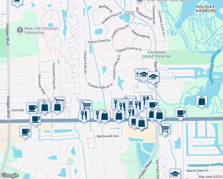 map of restaurants, bars, coffee shops, grocery stores, and more near 14202 Saybrook Falls Court in Jacksonville