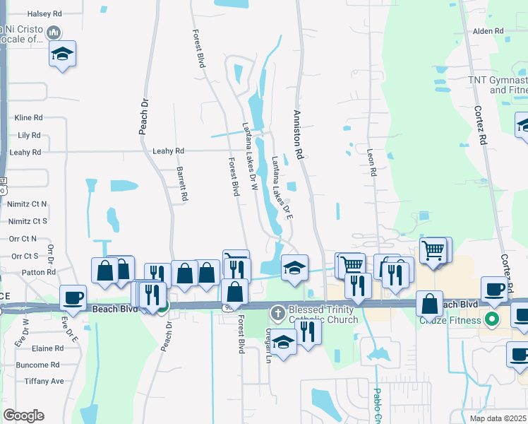 map of restaurants, bars, coffee shops, grocery stores, and more near 2945 Lantana Lakes Drive West in Jacksonville