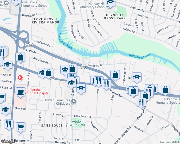 map of restaurants, bars, coffee shops, grocery stores, and more near 1708 West Road in Jacksonville