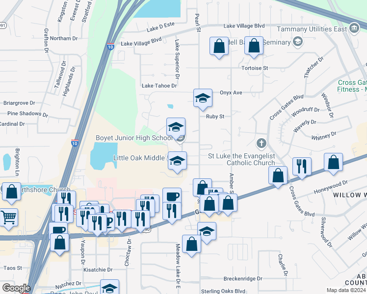 map of restaurants, bars, coffee shops, grocery stores, and more near 59278 Rebel Drive in Slidell