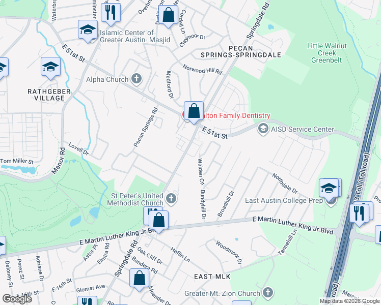 map of restaurants, bars, coffee shops, grocery stores, and more near 4801 Spring Meadow Cove in Austin