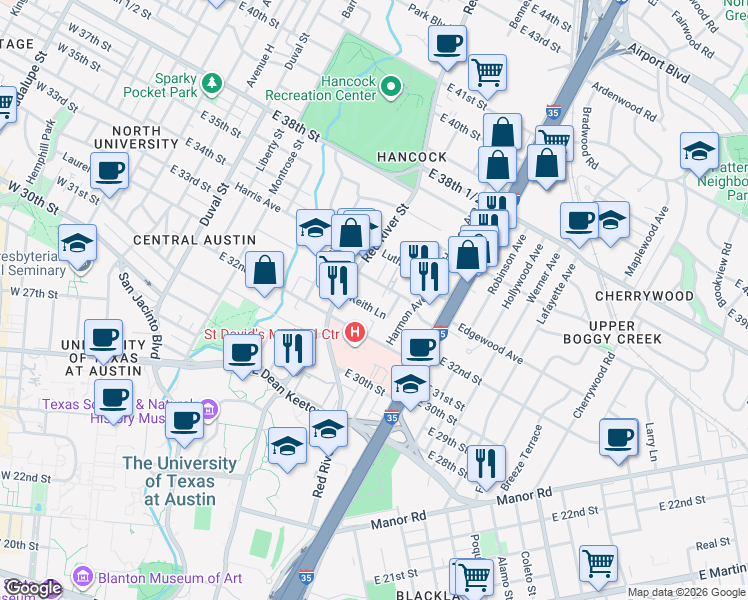 map of restaurants, bars, coffee shops, grocery stores, and more near 923 Keith Lane in Austin