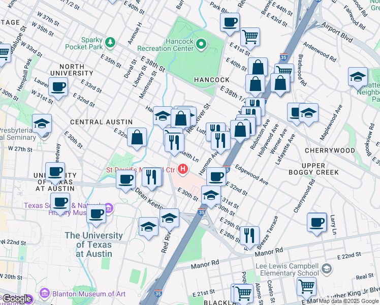 map of restaurants, bars, coffee shops, grocery stores, and more near 923 Keith Lane in Austin